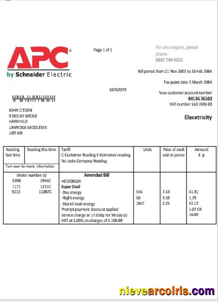 United Kingdom APC electricity utility bill